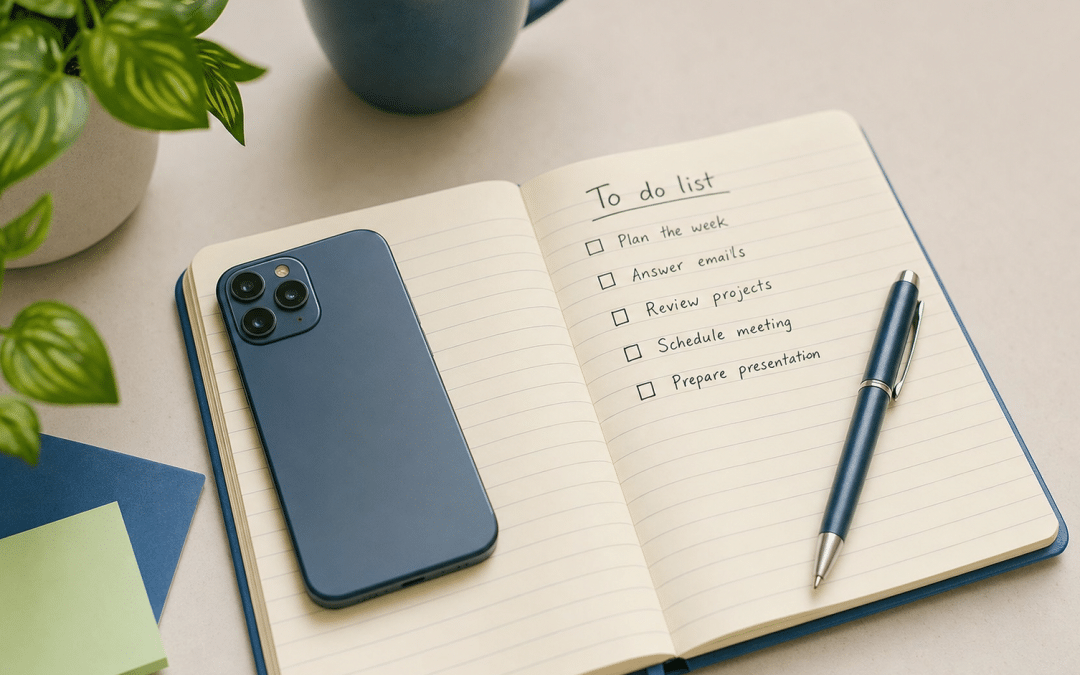 WhatsApp template rejected checklist on a desk with a notebook, pen and phone