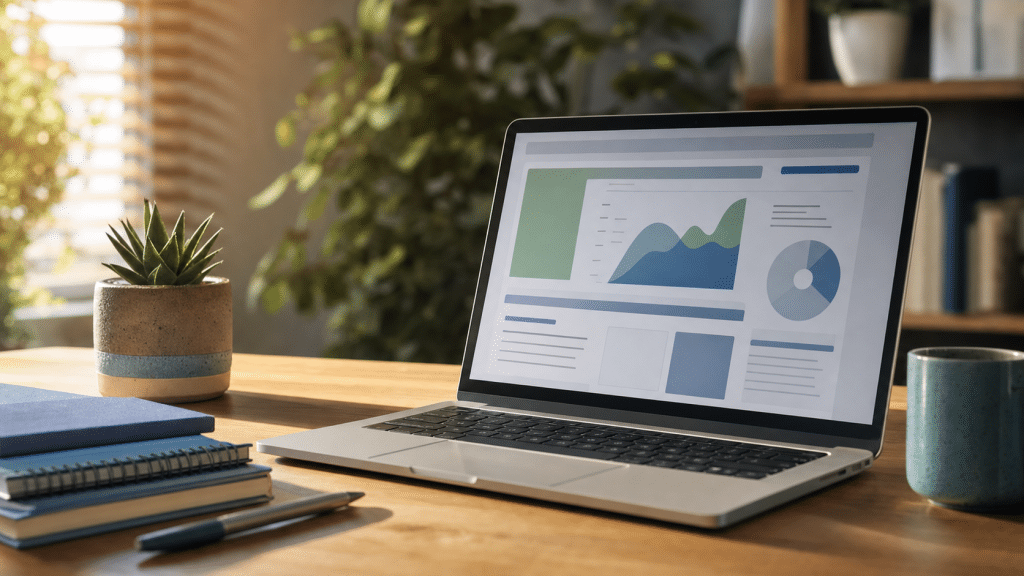 wix to shopify migration south africa — laptop with blue and green accents on a wooden desk