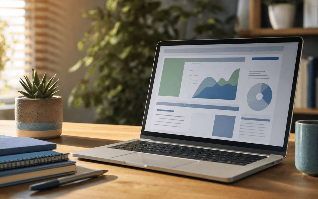 wix to shopify migration south africa — laptop with blue and green accents on a wooden desk