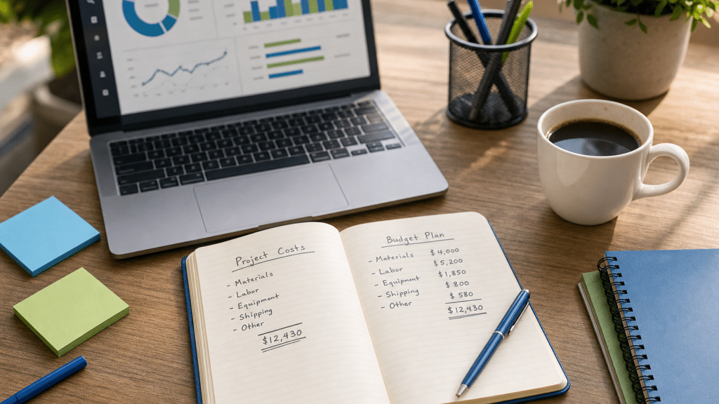 woocommerce to shopify cost — flatlay of laptop, notebook and pen on wooden desk with blue and green accent items