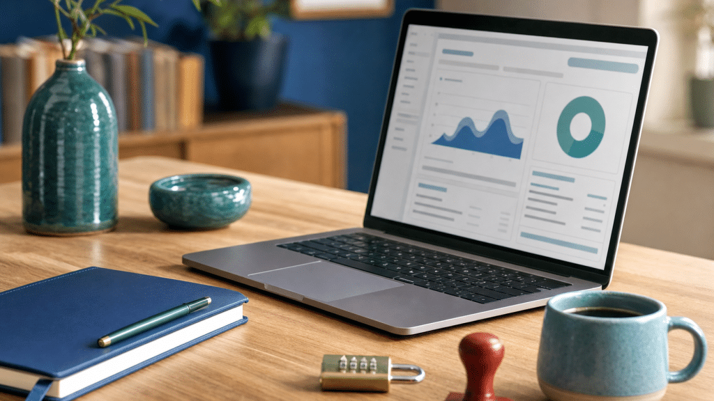 wordpress form spam prevention — laptop with blocked stamp and padlock on a wooden desk