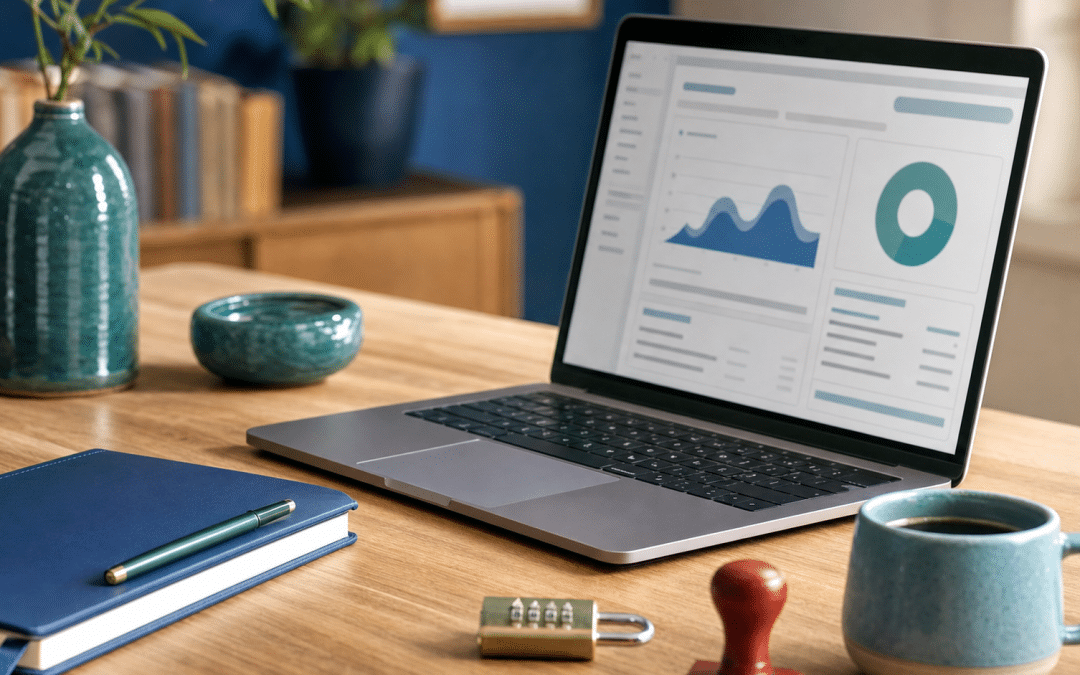 wordpress form spam prevention — laptop with blocked stamp and padlock on a wooden desk
