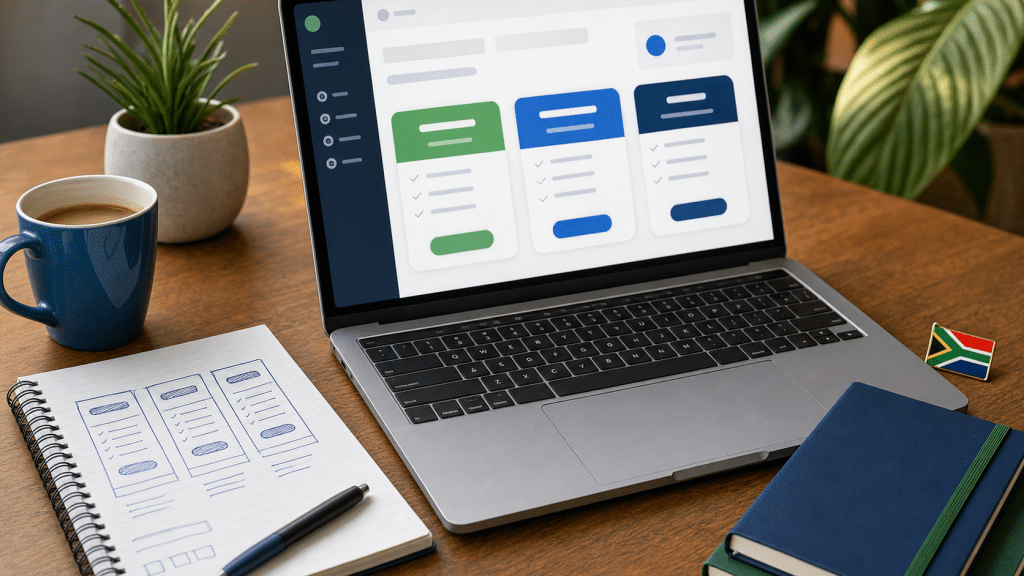wordpress membership plugin setup on laptop with membership tier notes and South African flag