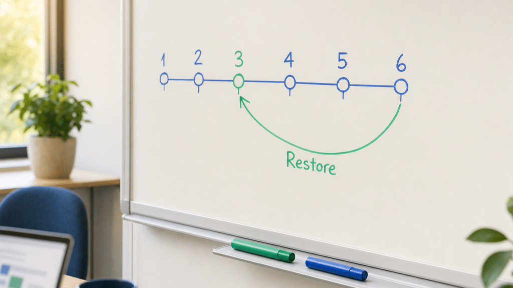 wordpress revisions restore page — whiteboard diagram showing a revision timeline with numbered version points and restore arrow
