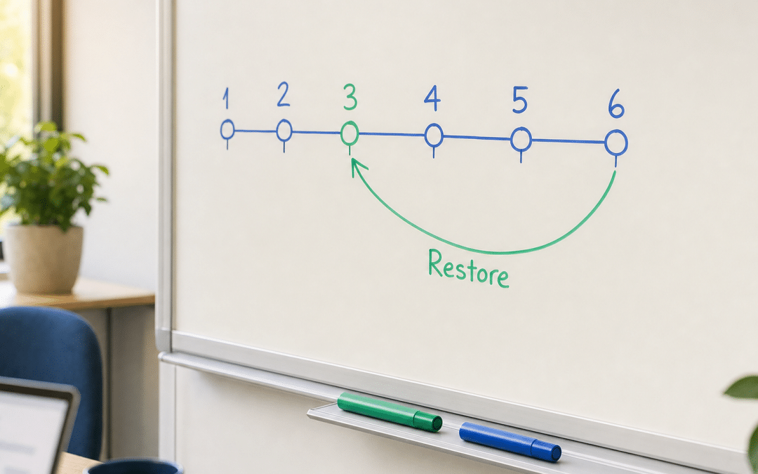 wordpress revisions restore page — whiteboard diagram showing a revision timeline with numbered version points and restore arrow