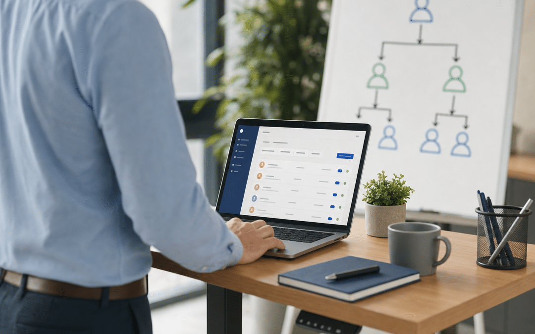 wordpress user roles permissions — business professional reviewing user access management on a laptop with a roles hierarchy whiteboard