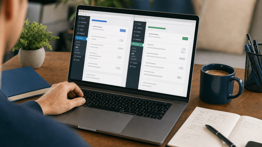 wpml vs polylang comparison shown on a laptop with WordPress admin plugin settings open